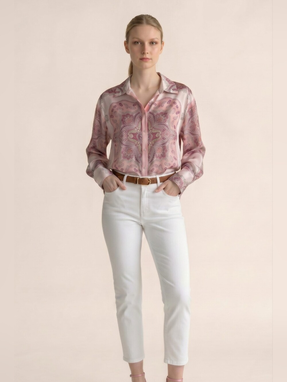 Zara Pink Paisley Medallion Print Long Sleeve Button-Down Blouse Shirt Size L